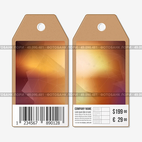 Vector tags design on both sides, cardboard sale labels with barcode. Polygonal design, geometric triangular backgrounds. Стоковая иллюстрация, агентство Ingram Publishing / Фотобанк Лори