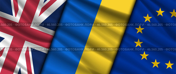 Vector wavy flags of Great Britain, Ukraine and EU. English, European and Ukrainian political banner. Relations between countries. Alliance. Стоковая иллюстрация, иллюстратор GAlexS / Фотобанк Лори