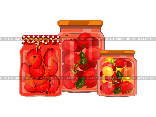 Vegetables granny preparation or conservation poster. Vector pickled peppers with peppercorn, canned tomatoes with bay leaf in big and small bottle.. Peppers and Tomatoes Conservation Vector Poster. Стоковая иллюстрация, агентство Ingram Publishing / Фотобанк Лори