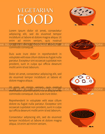 Vegetarian food, various porridges collection, vector illustration, brown bowls with different squashes set, pumpkin and pepper pieces, text sample. Vegetarian Food, Various Porridges Collection. Стоковая иллюстрация, агентство Ingram Publishing / Фотобанк Лори