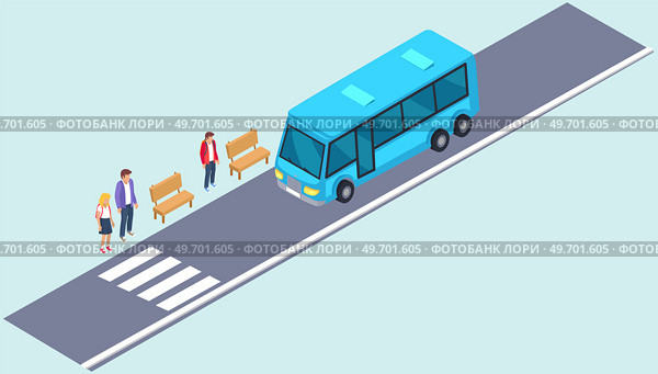 Vehicle near bus stop with passengers. Driver of auto stops in front of crosswalk. Blue bus for transporting people around town. Urban public transport next to pedestrian crossing on street. Vehicle near bus stop with passengers. Urban public transport next to pedestrian crossing. Стоковая иллюстрация, агентство Ingram Publishing / Фотобанк Лори