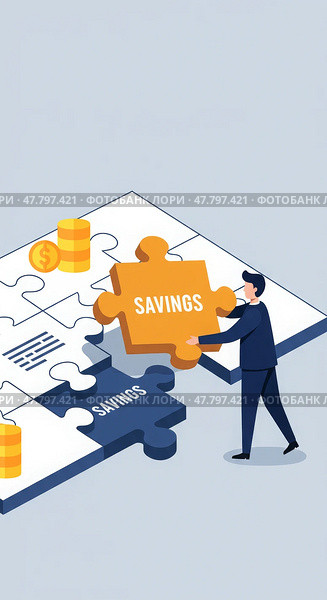 Векторная иллюстрация: Человек добавляет недостающий пазл "Savings" (сбережения) к общей картине бюджета. Планирование финансов и ежемесячного бюджета, накопления, инвестиции. Редакционное AI-изображение, AI-художник Ирина Першина / Фотобанк Лори