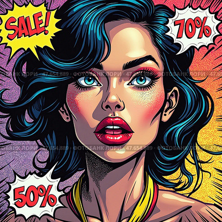 Векторный портрет женщины. Распродажа. Vector portrait of a woman. Sale. Стоковое AI-изображение, AI-художник Гер Олег / Фотобанк Лори