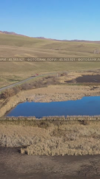 Vertical video of flying over a hilly rural landscape with a winding road and fish ponds in Altai Krai. Стоковое видео, видеограф Сергей Пристяжнюк (Serg Zastavkin) / Фотобанк Лори