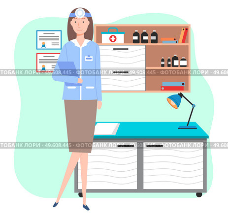 Veterinary care. Veterinarian doctor female character in the medical office. Medic in a medical room with special equipment, ENT doctor with frontal reflector. Smiling girl in veterinarian clothe. Veterinary care flat illustration. Veterinarian doctor female character in the medical office. Стоковая иллюстрация, агентство Ingram Publishing / Фотобанк Лори