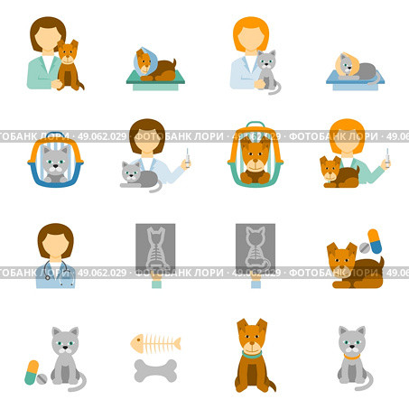 Veterinary clinic practice flat icons set. Veterinary clinic for pets with proper feeding and prophylactic treatment flat icons set abstract isolated vector illustration. Стоковая иллюстрация, агентство Ingram Publishing / Фотобанк Лори