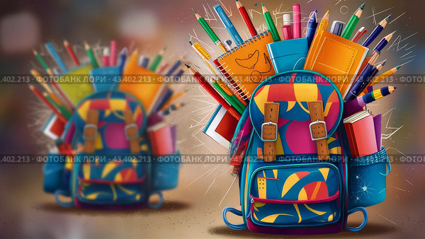 Vibrant Backpack Filled with School Supplies.Generated image. Стоковое AI-изображение, AI-художник Margarita Davchenko / Фотобанк Лори