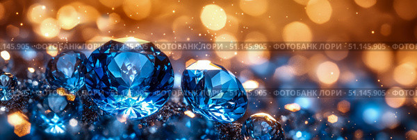 Vibrant blue faceted gemstones resting on dark, shimmering ground, illuminated by brilliant backdrop of orange and gold defocussed lights with delicate stardust effects. Стоковое AI-изображение, AI-художник Данила Большаков / Фотобанк Лори