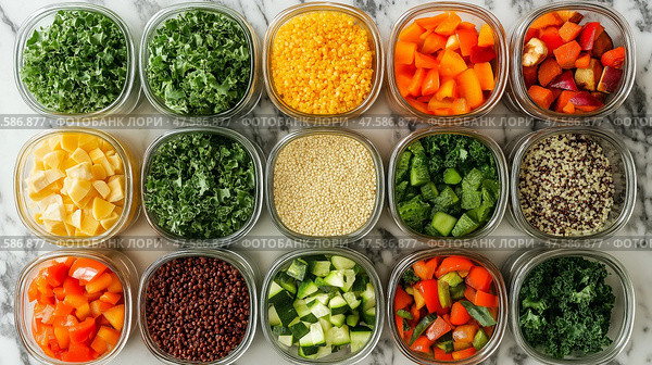 Vibrant Buddha bowl preparation featuring kale, quinoa, vegetables. Разноцветные ингредиенты для яркой чаши Будды аккуратно разложены по контейнерам, демонстрируя капусту, киноа и разнообразные свежие овощи, готовые к приготовлению блюд. Стоковое AI-изображение, AI-художник Katsiaryna Repich / Фотобанк Лори