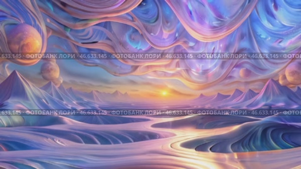 Vibrant Cosmic Landscape With Ethereal Colors and Flowing Rivers at Dawn Over a Majestic Mountain Range. Стоковое AI-видео, аниматор Оксана Медведева / Фотобанк Лори