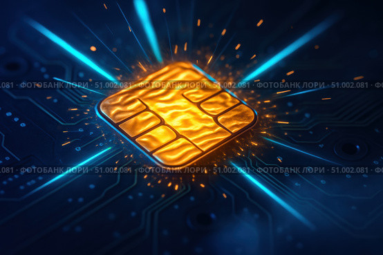Vibrant Energy Burst from a Golden Chip Surrounded by Electric Blue Circuitry, Symbolizing Cutting-Edge Technology and Digital Innovation. Стоковое AI-изображение, AI-художник Башкирова Анна / Фотобанк Лори