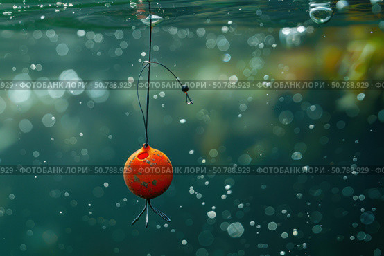 Vibrant orange fishing bobber underwater with bubbles. Стоковое AI-изображение, AI-художник Иван Рябоконь / Фотобанк Лори