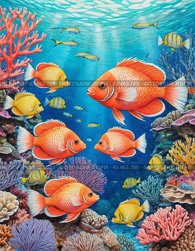 Vibrant orange white yellow blue red reef fish swim through coral reef. Sun rays pierce sea water. Variety of animal. Ecology hydrosphere. Anthropogenic factor influencing death of coral reefs. AI. Стоковое AI-изображение, AI-художник Юлия Петровская / Фотобанк Лори