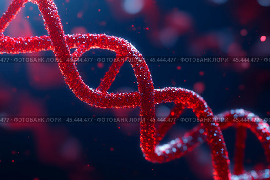 Vibrant red DNA helix set against a dark blue background. Visual of DNA double helix structure. DNA Strands. Genetic exploration, genome sequencing, change, biological kinship and genetic legacy. Стоковое AI-изображение, AI-художник Марина Демидюк / Фотобанк Лори