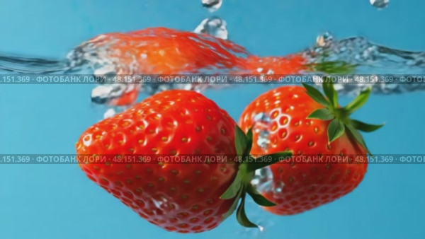 Vibrant strawberries plunge and drift in crystal clear water against blue background. Стоковое AI-видео, аниматор Владимир Федоров / Фотобанк Лори