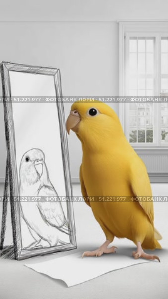 Vibrant yellow parrot perching beside mirror, examining reflected image in stark white space, revealing introspective and inquisitive bird behavior. Стоковое AI-видео, аниматор Юрий Поздников / Фотобанк Лори