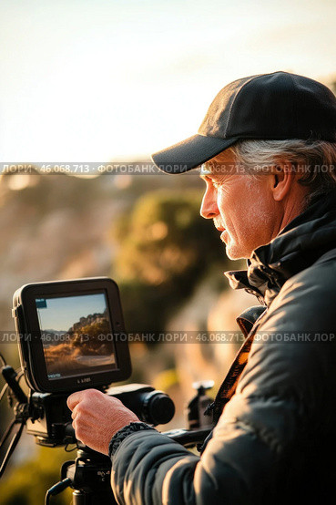 Videographer recording scenic landscape during golden hour. Стоковое AI-изображение, AI-художник Юрий Поздников / Фотобанк Лори