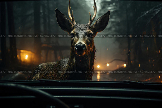 View from the inside of a car, deer standing in the middle of the road, illuminated by the car headlights. Danger of hitting deer with a car. Стоковое AI-изображение, AI-художник Ирина Михайличенко / Фотобанк Лори