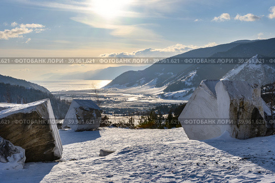 View from the marble quarry to the village of Buguldeyka and Lake Baikal in February, Russia. Стоковое фото, фотограф Ирина Толокновская / Фотобанк Лори