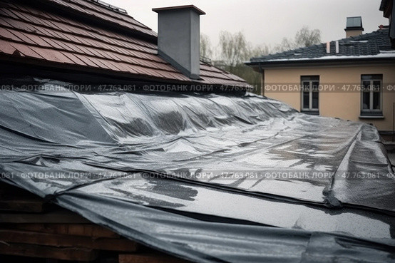 View of house under construction with red roof on waterproofing layer, created with Generative AI. Стоковое AI-изображение, AI-художник Данила Большаков / Фотобанк Лори