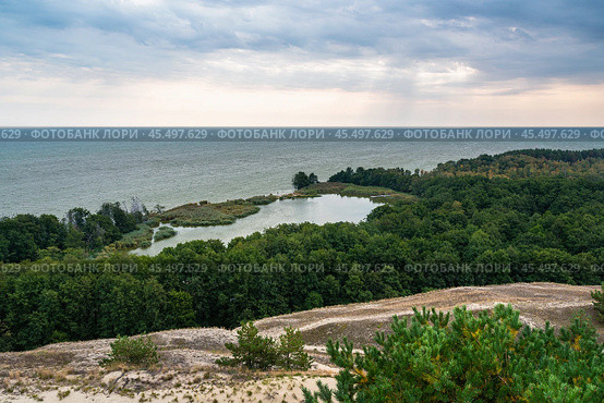View of Swan Lake from observation deck on Olenya Buda dunes. Curonian Spit National Park. Russia (2021 год). Редакционное фото, фотограф Elena Odareeva / Фотобанк Лори