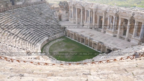 View of the Pamukkale Amphitheater, the ruined city of Hierapolis, Turkey. Стоковое видео, видеограф Яков Филимонов / Фотобанк Лори