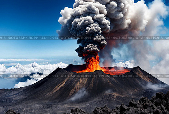 View of volcanic eruption, volcanic lava up from crater above, clouds and steam in sky. Scenery of crater from fire volcano. Global earth ecological concept. Gen ai illustration. Copy ad text space. Стоковое AI-изображение, AI-художник Aleksandr Golubev / Фотобанк Лори