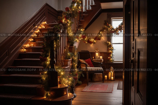 View to dark wooden staircase decorated for Christmas and cozy armchair under it near window. Стоковое AI-изображение, AI-художник Наталья Семкина / Фотобанк Лори