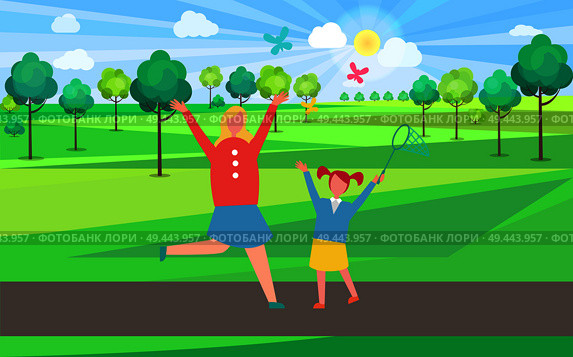 Vigorous mother and her young vibrant daughter chasing and catching colorful butterflies with net in lovely park on sunny day vector illustration. Mother and Daughter Catching Butterflies in Park. Стоковая иллюстрация, агентство Ingram Publishing / Фотобанк Лори