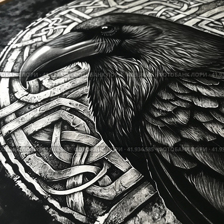 Viking crow and ornamentGenerative AI. Стоковое AI-изображение, AI-художник Анна Кривицкая / Фотобанк Лори