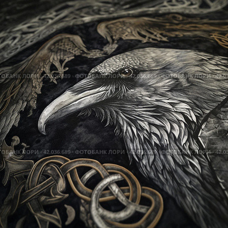 Viking crow and ornamentGenerative AI. Стоковое AI-изображение, AI-художник Анна Кривицкая / Фотобанк Лори