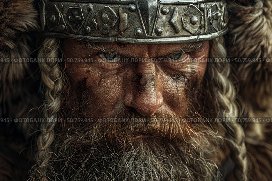 Viking warrior king wearing animal skin and metal helmet staring fiercely. Стоковое AI-изображение, AI-художник Иван Рябоконь / Фотобанк Лори