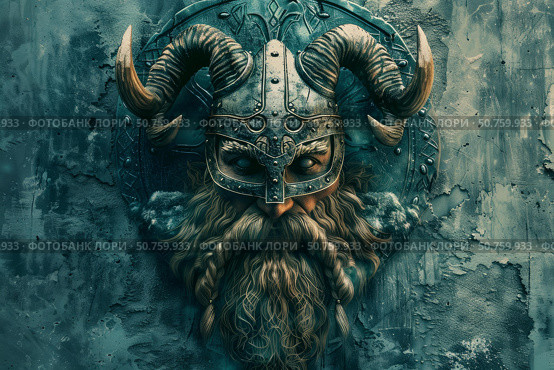 Viking warrior with horned helmet and braided beard on grunge background. Стоковое AI-изображение, AI-художник Иван Рябоконь / Фотобанк Лори