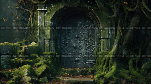 vines dungeon door ai generated. Стоковое AI-изображение, AI-художник Vectorwin / Фотобанк Лори