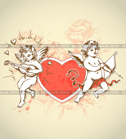 Vintage card for Valentine&rsquo;s Day with red heart and cupids. Стоковая иллюстрация, агентство Ingram Publishing / Фотобанк Лори