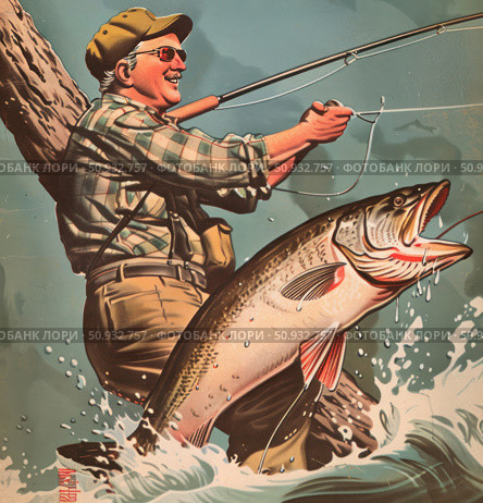 Vintage illustration of a fisherman in the moment of triumph - he pulls a huge fish out of the water. A man in a plaid shirt, cap and glasses, holding a fishing rod in his hands, beams with joy. Dynamic splashes of water and a tense fishing line create a sense of movement and energy. The illustration is made in the style of a retro poster of the mid-20th century, conveying the spirit of adventure, male recreation and the excitement of fishing. Suitable for the themes of active recreation, hobbies, sports, nature and male leisure. Стоковое AI-изображение, AI-художник Анна Кривицкая / Фотобанк Лори