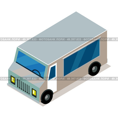 Vintage minibus isometric projection icon. Angular grey van isometric projection vector isolated on white background. Commercial transport vehicle 3d model for applications or game environment design. Стоковая иллюстрация, агентство Ingram Publishing / Фотобанк Лори