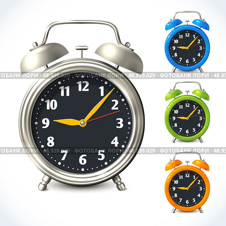 Vintage old style color and metal alarm clock watch set isolated vector illustration. Стоковая иллюстрация, агентство Ingram Publishing / Фотобанк Лори