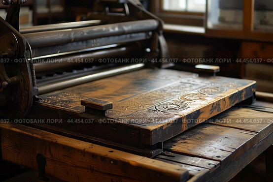 Vintage printing press in workshop. Стоковое AI-изображение, AI-художник Иван Рябоконь / Фотобанк Лори