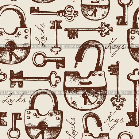 Vintage seamless pattern of hand drawn locks and keys	. Стоковая иллюстрация, агентство Ingram Publishing / Фотобанк Лори