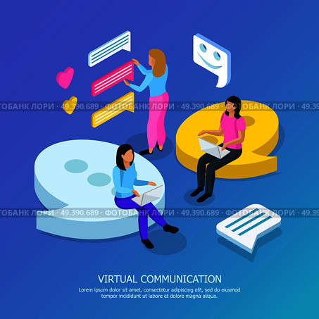 Virtual communication isometric background composition poster with electronic text heart and emoji symbols messaging people vector illustration   . Virtual Communication Isometric Background . Стоковая иллюстрация, агентство Ingram Publishing / Фотобанк Лори