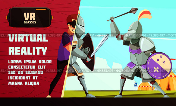 Virtual reality glasses advertisement poster with medieval ridder in armor duel with player scene cartoon vector illustration . Virtual Reality Medieval Contest Ad. Стоковая иллюстрация, агентство Ingram Publishing / Фотобанк Лори