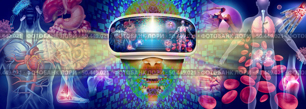Virtual reality medicine and Metaverse medical education technology  as the human body and disease see through a VR headset as  a healthcare exploration simulation with 3D illustration elements. Стоковое фото, агентство Ingram Publishing / Фотобанк Лори