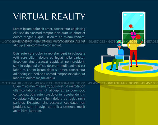 Virtual reality people in vr glasses color banner isolated on blue backdrop vector illustration, table tennis in abstract world simulator, text sample. Virtual Reality People in VR Glasses Color Banner. Стоковая иллюстрация, агентство Ingram Publishing / Фотобанк Лори