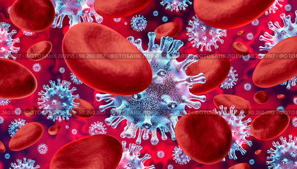 Virus in blood as a flu outbreak and influenza background as dangerous contagious immune system viral strain as a pandemic or epidemic medical health risk concept with disease cells as a 3D render. Стоковое фото, агентство Ingram Publishing / Фотобанк Лори