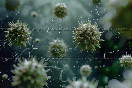Virus particles floating through air spreading infection. Стоковое AI-изображение, AI-художник Иван Рябоконь / Фотобанк Лори