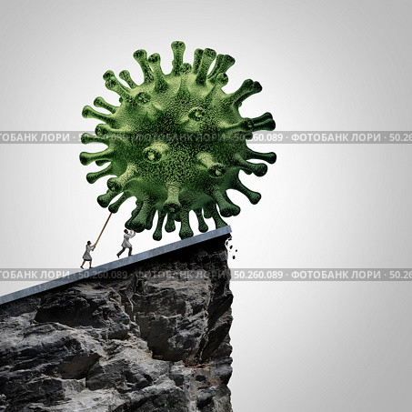 Virus research and pathology medical concept as a group of researcher doctors pushing a 3D illustration of a disease cell over a cliff to destroy the contagion as a metaphor for prevention and treatment. Стоковое фото, агентство Ingram Publishing / Фотобанк Лори