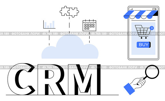 Visible are icons including a cloud, graph, calendar, puzzle piece, smartphone, and magnifying glass. Ideal for customer relationship management, e-commerce, analytics, integration, business. Cloud-Based CRM Solutions with E-Commerce Integration and Analytical Tools. Стоковая иллюстрация, агентство Ingram Publishing / Фотобанк Лори