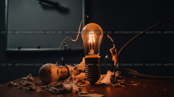 Visual conception of stupidity and misfortune. A light bulb that is on top of a table. AI generative image. Стоковое AI-изображение, AI-художник Сергей Старуш / Фотобанк Лори