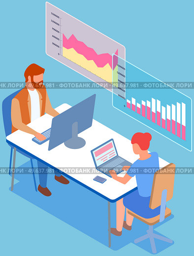 Visualize with business analytics. People work with statistical data analysis, changing indicators. Employees analyze statistical indicators, business data. Characters work with marketing research. Employees analyze statistical indicators, business data. Characters work with marketing research. Стоковая иллюстрация, агентство Ingram Publishing / Фотобанк Лори